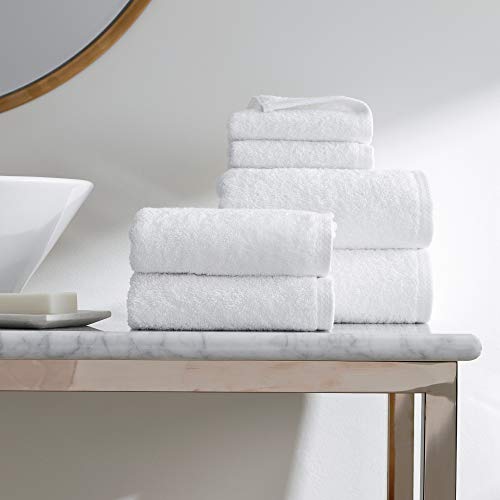 Simple Border Junior Suite Bath Bundle - Luxury All-White Bath Linens Bundle/Includes 2 Wash Cloths, 2 Hand Towels, and 2 Bath Towels / 100% Cotton
