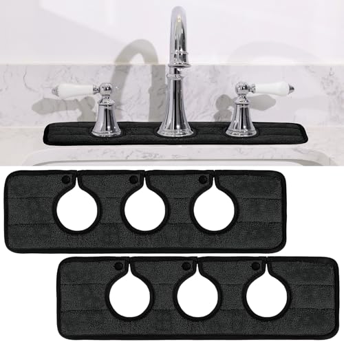 Teenyyou 2 Pcs Faucet Mat for Kitchen Sink Splash Guard for Kitchen Sink Faucet Dish Drying Mat for Bathroom Sponge Holder(Black,3 Round Holes) - color: Black