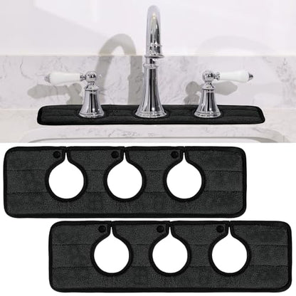 Teenyyou 2 Pcs Faucet Mat for Kitchen Sink Splash Guard for Kitchen Sink Faucet Dish Drying Mat for Bathroom Sponge Holder(Black,3 Round Holes) - color: Black
