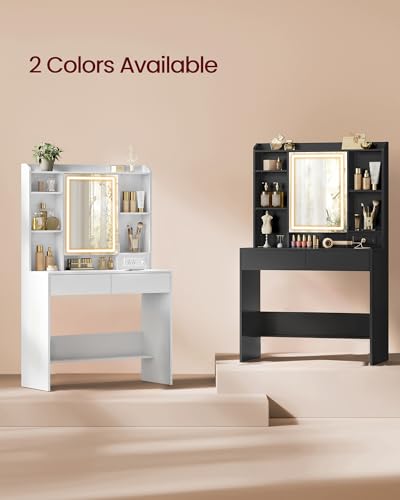 VASAGLE KAILYN Collection - Vanity Desk with Power Outlets, Makeup Vanity with Mirror and Lights, Upholstered Vanity Stool, 6 Compartments, 2 Drawers, for Bedroom, Cloud White URDT031WB02S - style: 35.4"W 2 Drawers Vanity Desk - Cloud White