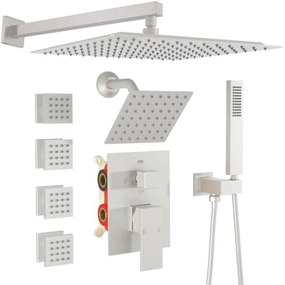 Enga Dual Shower Head System with Body Jets, 12"+ 6" Wall Mounted Dual Rain Shower Faucet with Valve Kit, Brushed Nickel - color: Brushed Nickel, style: Wall-12"+6"+Jets