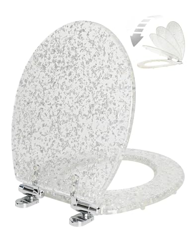 Angol Shiold ROUND Resin Toilet Seat Soft Close Silver Foil 16.5" | Quick Release Heavy Duty Acrylic Decorative Toilet Seats Easy to Install&Clean (Silver Foil) - color: Silver Foil