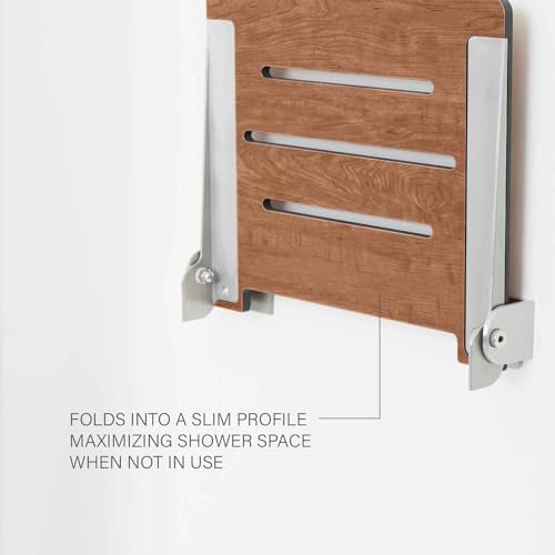 Seachrome 18 inch Silhouette Slimline Folding Wall Mount Shower Bench Seat, Rustic Teak Seat with Silver Frame - color: Rustic Teak Seat With Silver Frame