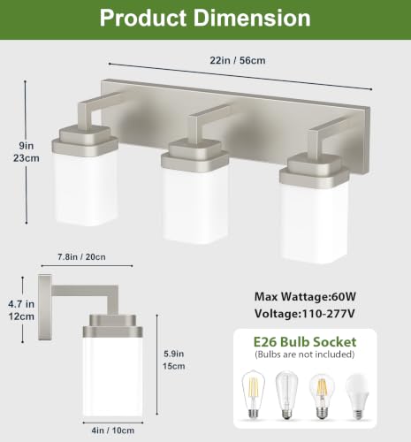 Brushed Nickel Bathroom Light Fixtures, Modern Vanity Lights with White Glass Lamp Shade, Bathroom Lighting Fixtures Over Mirror, Restroom Vanity Lighting Fixture, 3-Light 22 Inch - color: Nickel, size: 3-Light