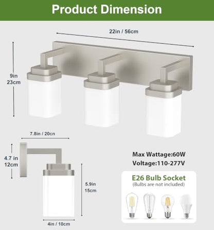Brushed Nickel Bathroom Light Fixtures, Modern Vanity Lights with White Glass Lamp Shade, Bathroom Lighting Fixtures Over Mirror, Restroom Vanity Lighting Fixture, 3-Light 22 Inch - color: Nickel, size: 3-Light