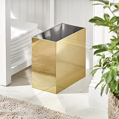 mDesign Small Steel Rectangular 2.4 Gallon/9.1 Liter Trash Can, Waste Basket for Bathroom, Bedroom, Home Office - Holds Garbage, Recycling, Household Items - Linn Collection - Soft Brass - color: Soft Brass