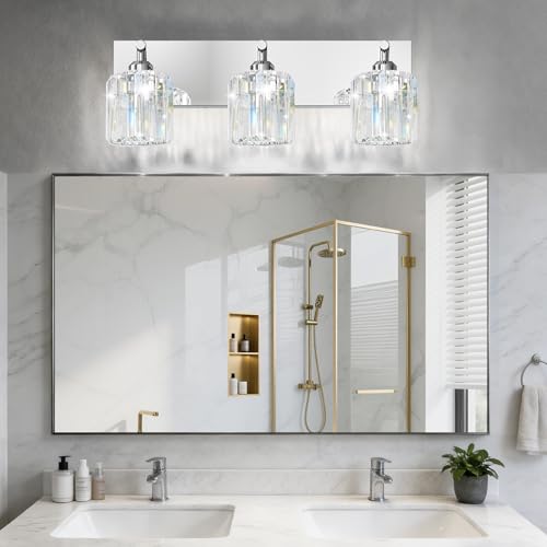 Brushed Chrome Crystal Bathroom Vanity Light, 3-Light Modern Bathroom Lighting Fixtures Over Mirror,Chrome Wall Sconce Light Fixtures with Round Shade - color: Chrome-Round Shade, size: 3-LIGHT