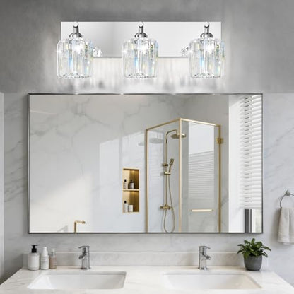 Brushed Chrome Crystal Bathroom Vanity Light, 3-Light Modern Bathroom Lighting Fixtures Over Mirror,Chrome Wall Sconce Light Fixtures with Round Shade - color: Chrome-Round Shade, size: 3-LIGHT