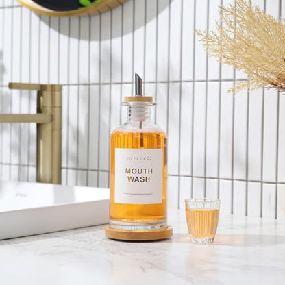 11.8OZ Glass Mouthwash Dispenser, Clear | Stainless Steel & Bamboo Nozzle, Reusable Mouthwash Cup, Bamboo Tray, Elegant Gold Sticker - color: Clear/350*1