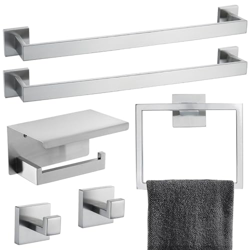Brushed Nickel Bathroom Towel Bar Set Bathroom Accessories Hardware Set Including Double Towel Bar Towel Ring Coat Hook and Toilet Paper Holder with Shelf. Wall Mounted Stainless Steel - color: 6-piece Brushed