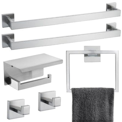 Brushed Nickel Bathroom Towel Bar Set Bathroom Accessories Hardware Set Including Double Towel Bar Towel Ring Coat Hook and Toilet Paper Holder with Shelf. Wall Mounted Stainless Steel - color: 6-piece Brushed