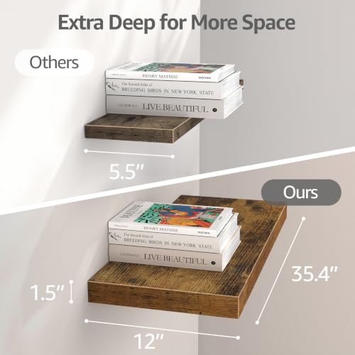 QEEIG 12" Deep Floating Shelves for Wall - 12 x 36 inch Book Shelf Bathroom Bedroom Kitchen Living Room Hanging Bookshelf Farmhouse Set of 3, Brown (026-90BN3) - color: A. Brown, size: 35.4" x 12"