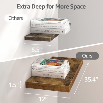 QEEIG 12" Deep Floating Shelves for Wall - 12 x 36 inch Book Shelf Bathroom Bedroom Kitchen Living Room Hanging Bookshelf Farmhouse Set of 3, Brown (026-90BN3) - color: A. Brown, size: 35.4" x 12"
