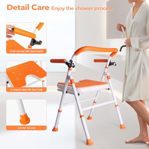 Foldable Shower Chair, Folding Bath Shower Seat for Inside Shower | Minimalist Shower Chair with Arms and Back, Height Adjustable, Portable Safety Bath Chairs for Elderly, Seniors, Disabled