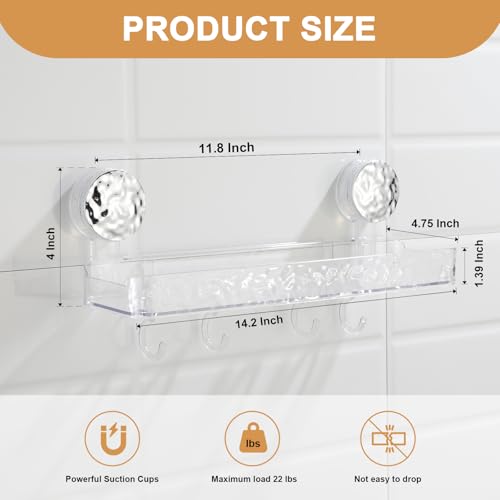 Shower Caddy Suction Cup, Wall Mounted Suction Shower Rack Organizer, No Drilling Clear Shelf Basket with 4 Movable Hooks, Bathroom Storage Rack Suitable for Smooth Walls - style: Long size, 1 piece