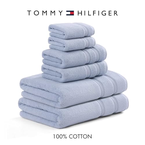 Tommy Hilfiger - Bathroom Towel Set, Ultra-Soft & Quick-Dry with Zero Twist, 600 GSM Plush Cotton Towels (Harborside Solid Light Blue, 6 Piece) - color: Harborside Solid Light Blue