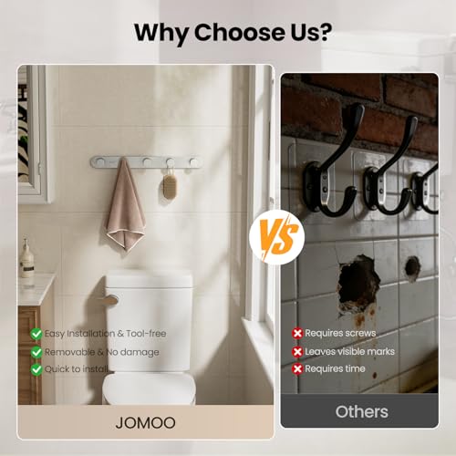 JOMOO Robe Hook, 2 Pack Adhesive Wall Hooks for Bathroom, Stainless Steel Towel Hooks with 5 Hooks Each, No Drill Shower Hooks Heavy Duty 11LBS, Brushed - color: Brushed