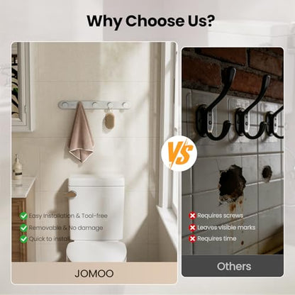 JOMOO Robe Hook, 2 Pack Adhesive Wall Hooks for Bathroom, Stainless Steel Towel Hooks with 5 Hooks Each, No Drill Shower Hooks Heavy Duty 11LBS, Brushed - color: Brushed