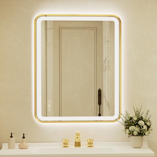 32x40 Inch LED Bathroom Mirror with Gold Frame,Front and Backlit Vanity Mirror,Tempered Glass,Stepless Dimmable Wall Mirrors with Anti-Fog, 3 Colors, Memory, Waterproof, LED Smart Bathroom Mirror - color: Gold, size: 32"L x 40"W