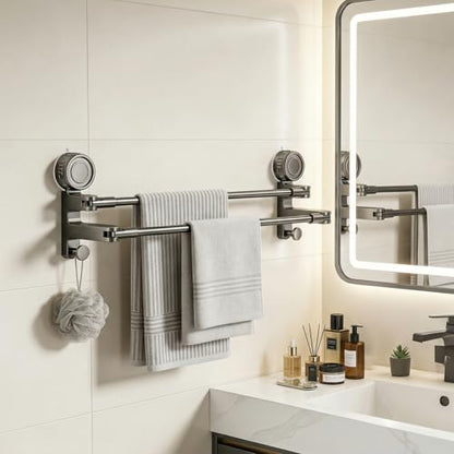 Adjustable Suction Cup Towel Bar, Grey, 20-34", 2-Tier | Extendable Carbon Steel Towel Racks, Space Saving, Bath Towel Holder with Hooks, No-Drill Mounted, For Bathroom Wall
