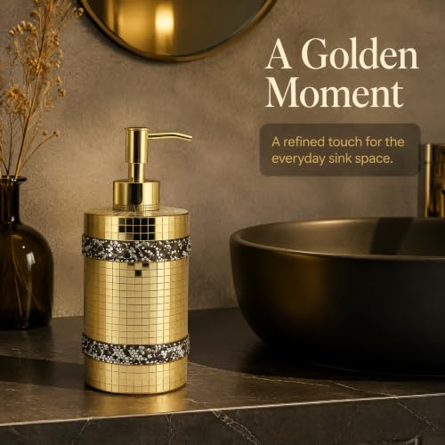 Gold Mosaic soap Dispenser, Shining Glass，Bathroom Reusable 12oz | Gold soap dispenser mosaic decorative , sparkling glass, kitchen and bathroom, artistic home decoration, countertop use - size: Soap Dispenser
