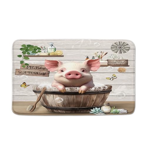 Funny Pig Bathroom Rugs Farmhouse Animal in Bathtub Farm Rustic Bathing Bubbles Cute Country Wooden Positive Word Bath Mat Bedroom Kitchen Toilet Floor Doormat 20x31 - size: 20x31