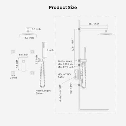 gotonovo Rainfall Shower System with Full Body Jets 4pcs Matte Black | 12’’ Rainfall Shower Head with Handheld Spray Combo,Wall Mount,Rough-in Valve and Trim Kit,Brass Body Message Jets,All Metal - color: Black