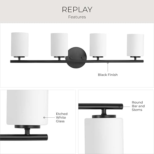 Replay Collection 4-Light Etched Glass Modern Bath Vanity Light Textured Black - color: Textured Black, size: 4-Light