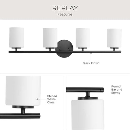 Replay Collection 4-Light Etched Glass Modern Bath Vanity Light Textured Black - color: Textured Black, size: 4-Light