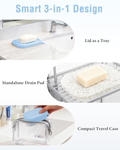 Silicone Travel Soap Case with Lid & Drain Tray, Leakproof, for Travel | Food-grade silicone, Leakproof seal, Built-in hook, Removable drain pad doubles as soap holder, For gym, travel, camping - color: Blue