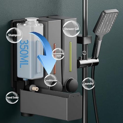 2 Chamber Shower Dispenser Wall Mounted, No Drill Shampoo and Conditioner Dispenser, Large Capacity Liquid Soap Pump for Bathroom and Hotel, Black