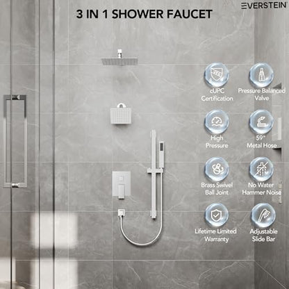 10" High-Pressure Rainfall Shower Faucet with Handheld Spray, Wall Mount Dual Shower Head System with Slide Bar (Polished Chrome) - color: Chrome, style: Wall Mount-with Slide Bar