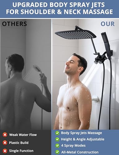 All Metal 12 Inch Rain Head with Body Spray Jets and Handheld (Matte Black) | All Metal Construction, Equipped with Body Spray Jets, 14 Inch Adjustable Extension Arm,Power Wash Function Hand Shower - color: Matte Black