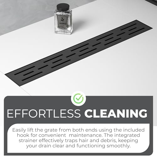 24 Inch Linear Shower Drain - Removable Brick Pattern Grate | 304 Stainless Steel Rectangular Floor Drain Set with Hair Catcher, Adjustable Leveling Feet & Adapter - color: Matte Black With Grate, size: 24 Inch