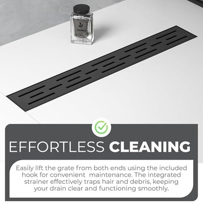 24 Inch Linear Shower Drain - Removable Brick Pattern Grate | 304 Stainless Steel Rectangular Floor Drain Set with Hair Catcher, Adjustable Leveling Feet & Adapter - color: Matte Black With Grate, size: 24 Inch