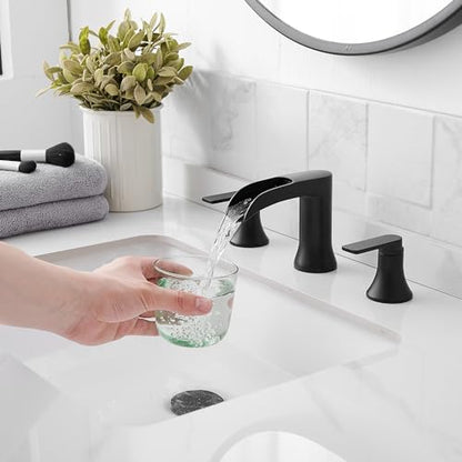 Black Bathroom Faucet 3 Hole, Brass Bathroom Waterfall Faucet 2 Handle, 4-16 Inch Widespread Bathroom Sink Faucets, Restroom Sink Faucet for Vanity with Supply Hoses, NO Equipped Pop-up Drain - color: Matte Black, style: NO Pop Up Drain