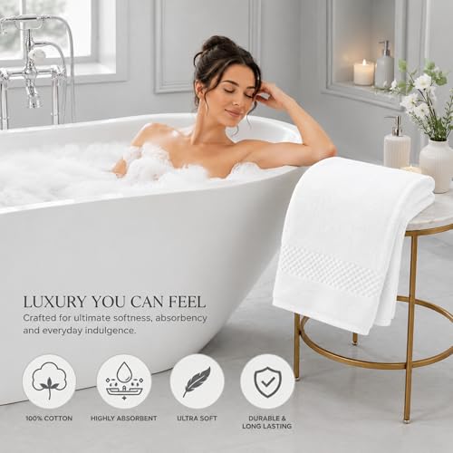 Pearl Linens Bath Towels Set of 4, 27 x 55 Inches, 100% Ring Spun Cotton Towels for Bathroom 650 GSM Quick Dry Lightweight Hotel Towels, Highly Absorbent Premium Towels for Home, Spa & Bathroom,White