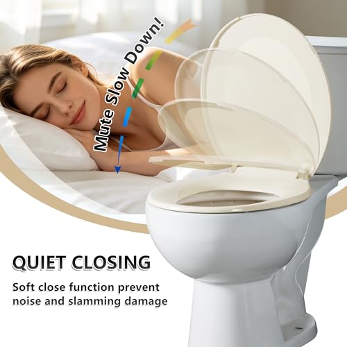 Angol Shiold Round Toilet Seat - Slow Close Hinges, Ergonomic Design with Grip-Tight Bumpers, Safe Easy-Clean PP Material (Almond, 16.5" Round) - color: Almond, size: Round 16.5‘’