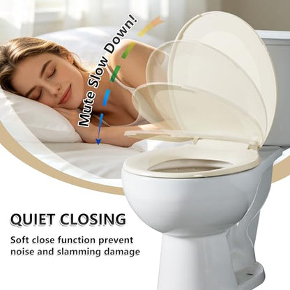 Angol Shiold Round Toilet Seat - Slow Close Hinges, Ergonomic Design with Grip-Tight Bumpers, Safe Easy-Clean PP Material (Almond, 16.5" Round) - color: Almond, size: Round 16.5‘’