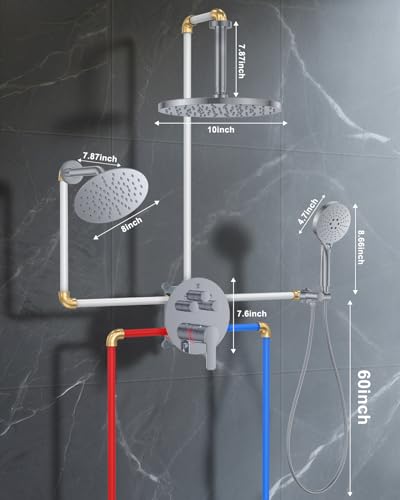 Shower System with Pressure Balance Valve, 10" Ceiling Mount Shower Faucet Set with 2 Rain Shower Head And Multi-function Handheld Head Push Button Diverter Pressure Balancing Valve Kit, Chrome - color: Chrome Polished, style: 10"-Round