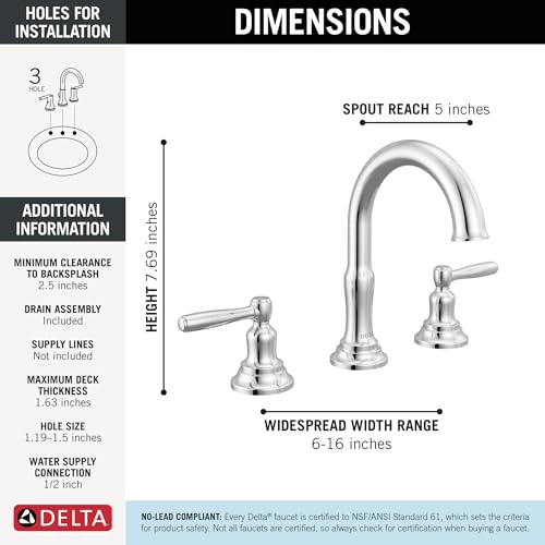 Delta Roe Chrome Bathroom Faucet 3 Hole, 8 Inch Widespread Bathroom Sink Faucet for Vanity, Push-Pop Drain Assembly, Chrome 35985LF - color: Chrome