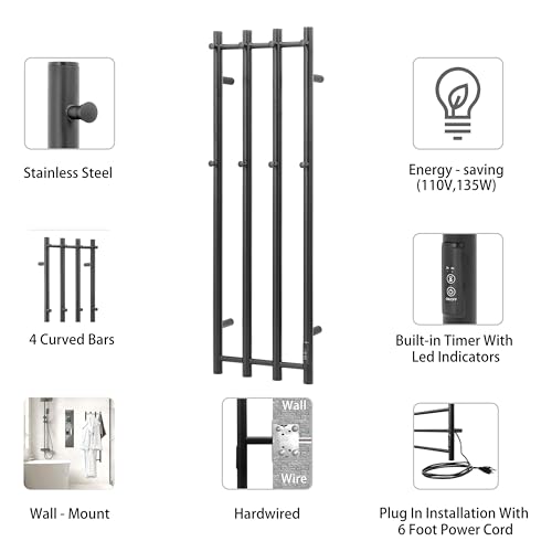 Towel Warmer Wall Mounted 43-Inch Four Towel Bar with Built-in Timer, Electric Stainless Steel Heated Towel Racks for Bathroom, Matte Black