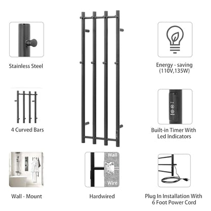 Towel Warmer Wall Mounted 43-Inch Four Towel Bar with Built-in Timer, Electric Stainless Steel Heated Towel Racks for Bathroom, Matte Black