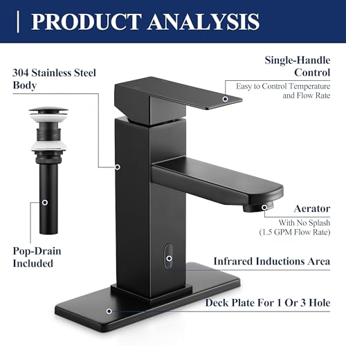 Herogo Touchless Bathroom Faucets Matte Black Stainless Steel Automatic Motion Sensor Bathroom Faucet RV Bar Sink Faucet for 1-3 Hole Single-Handle with Pop Up Drain Stopper Water Supply Hoses - color: Matte Black