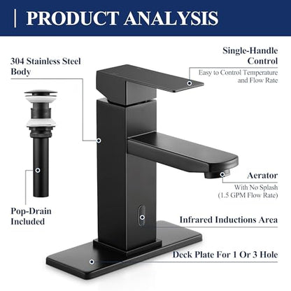 Herogo Touchless Bathroom Faucets Matte Black Stainless Steel Automatic Motion Sensor Bathroom Faucet RV Bar Sink Faucet for 1-3 Hole Single-Handle with Pop Up Drain Stopper Water Supply Hoses - color: Matte Black