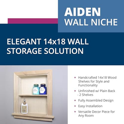 14x18 Aiden Recessed Wall Niche Medicine Cabinet Replacement, in The Wall Bathroom Cabinet Insert Shelf/Shelves, Made in North America, Real Wood, NO MDF, Plain, Unfinished - color: Unfinished, size: 14x18