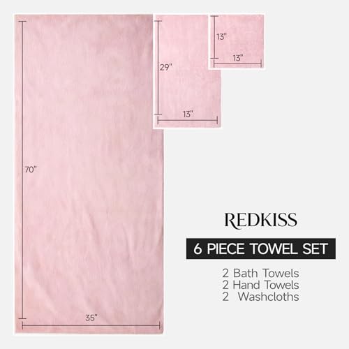 REDKISS Pack of 6 Pink Towel Set - 2 Extra Large Bath, 2 Hand, 2 Washcloths, Ultra Soft & Highly Absorbent, Quicker to Dry, Towels for Bathroom, Spa, Hotel, Gym - color: Pink
