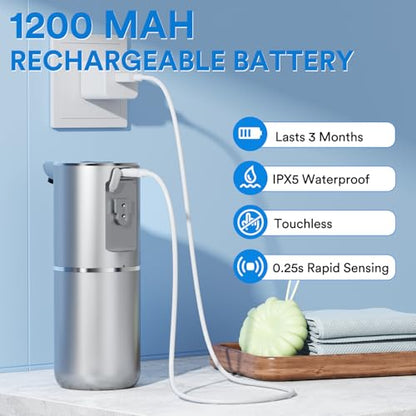 Automatic Foaming Soap Dispenser Touchless, Rechargeable Electric Hand ＆ Dish Soap Dispenser for Bathroom and Kitchen - Smart Digital Display, 6 Adjustable Level, 380ml, Wall Mounted, IPX5 - color: Silver, style: Foam