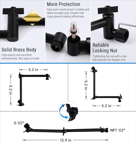 G-Promise 12 Inch Shower Extender with 6 Inch Arm and Flange(Matte Black) | Solid Brass Construction, Height and Angle Adjustable, Standard Connection Thread, All Installation Tools Included - color: Matte Black, style: 12 Inch