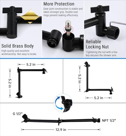 G-Promise 12 Inch Shower Extender with 6 Inch Arm and Flange(Matte Black) | Solid Brass Construction, Height and Angle Adjustable, Standard Connection Thread, All Installation Tools Included - color: Matte Black, style: 12 Inch